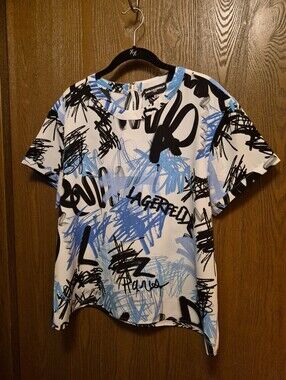 Karl Lagerfeld White with Blue & Black Graffiti Print Zip Back Top L